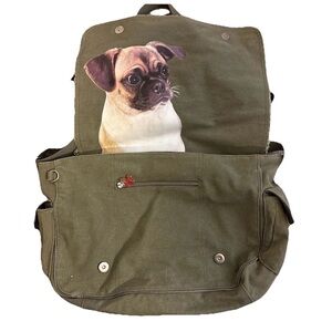 Fuzzy Nation Pug Dog Messenger Bag Olive Green Canvas Multi Pocket Crossbody